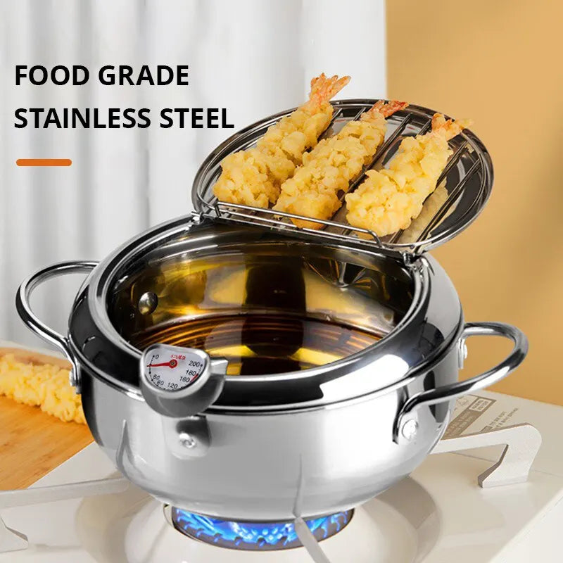 1pc Stainless Steel Oil Pan Household Thermometer With Cover Tempura Oil Fryer Small Oil Saving French Fries Frying Pan