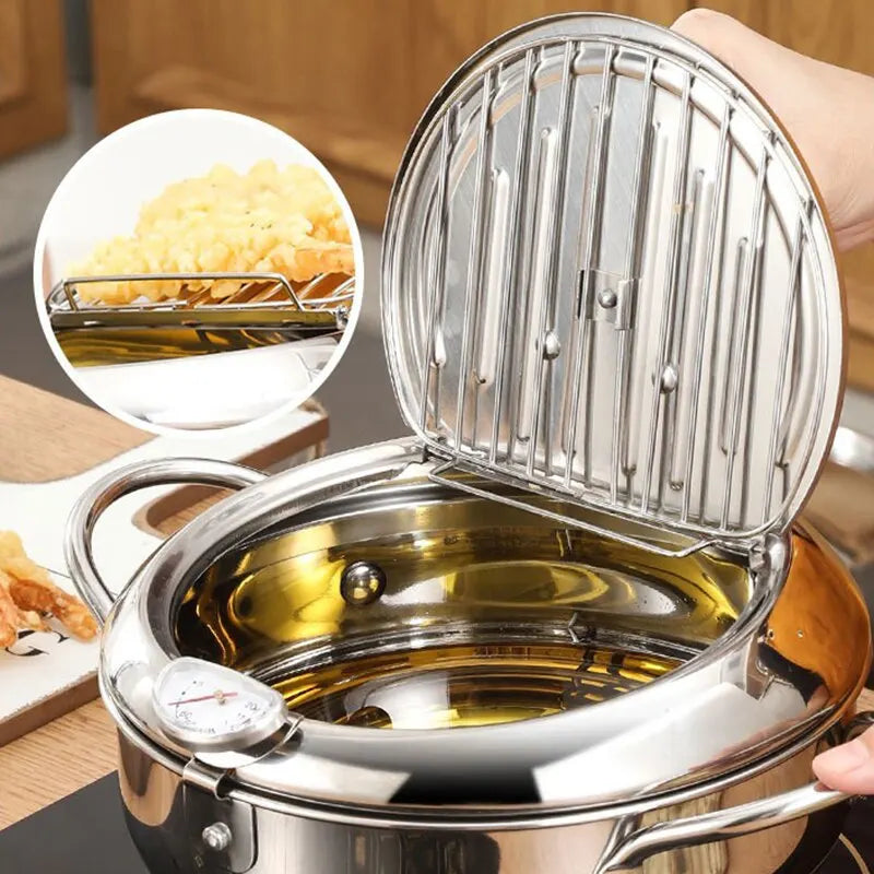 1pc Stainless Steel Oil Pan Household Thermometer With Cover Tempura Oil Fryer Small Oil Saving French Fries Frying Pan